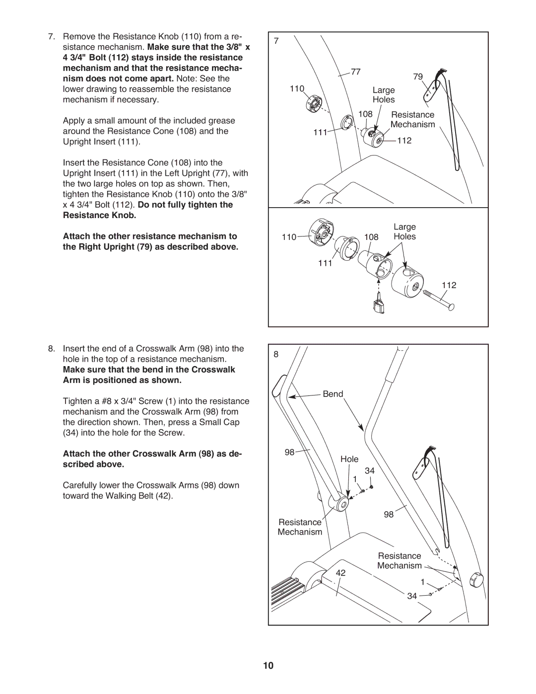 Reebok RCTL07809.0 manual 3/4 Bolt 112. Do not fully tighten Resistance Knob, Attach the other resistance mechanism to 