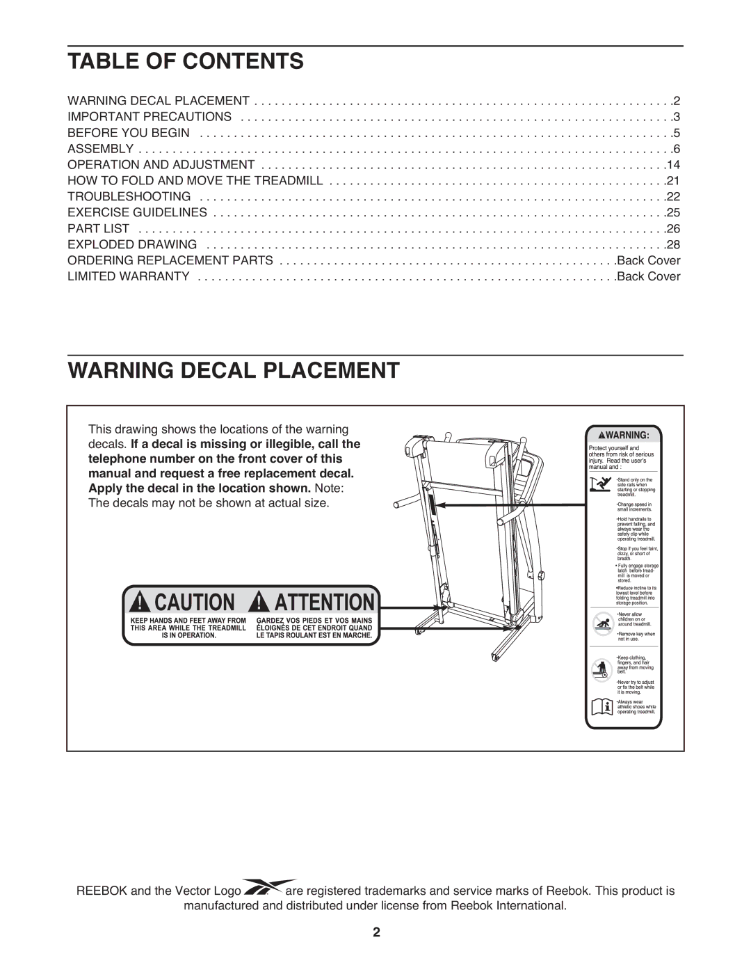 Reebok RCTL07809.0 manual Table of Contents 