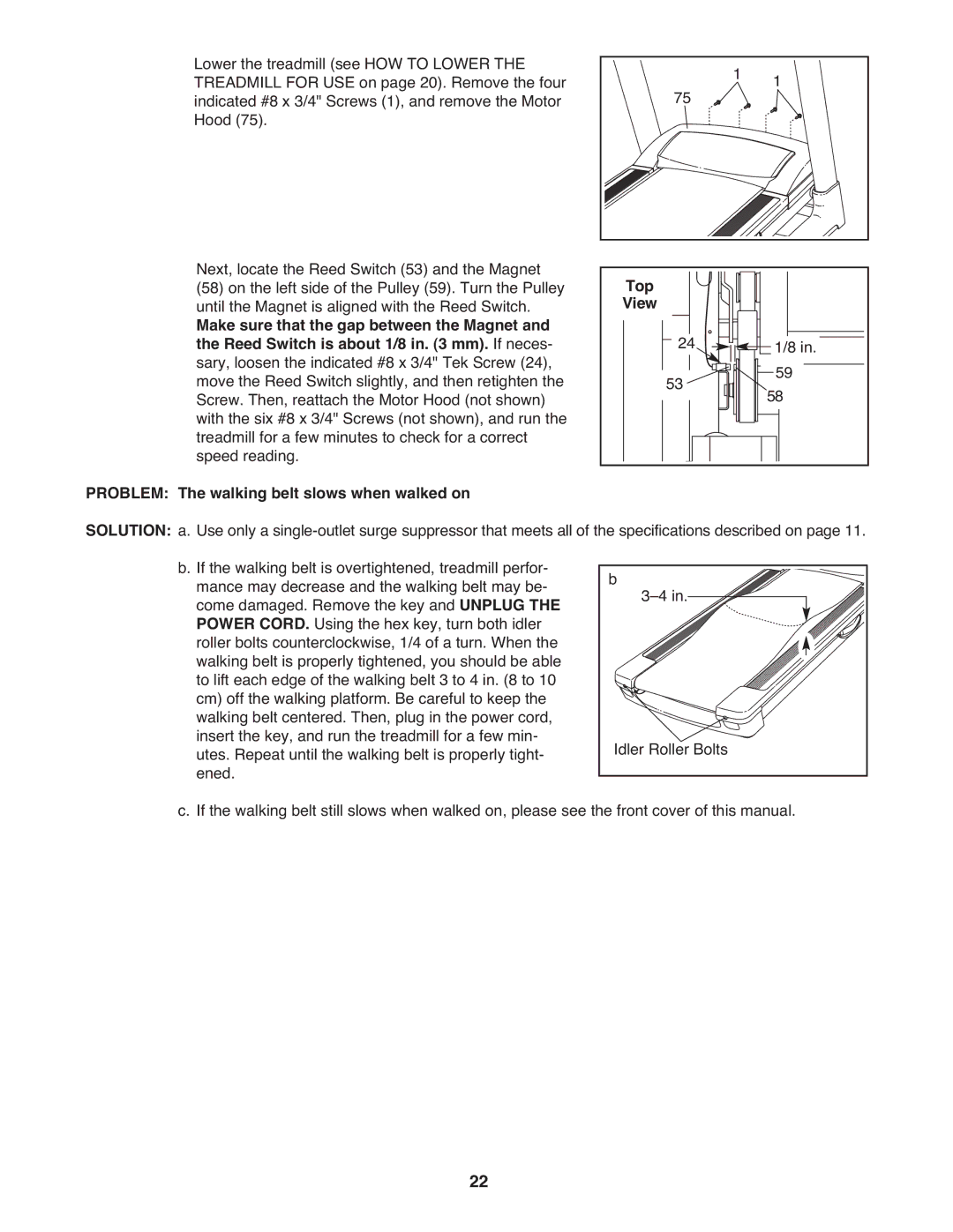 Reebok RT 8.0 manual Top, Problem The walking belt slows when walked on 