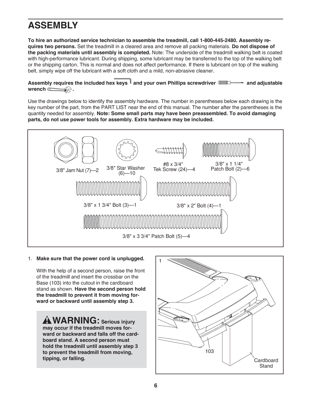 Reebok RT 8.0 manual Assembly, Make sure that the power cord is unplugged, Tipping, or falling 