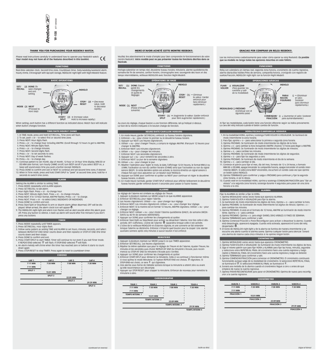 Reebok W-108 manual Mode or Next, Start, Split, Set, Indiglo Fuar Visualizar Recall, Volver, Stop/ Ou, Para, Reset, Recon 