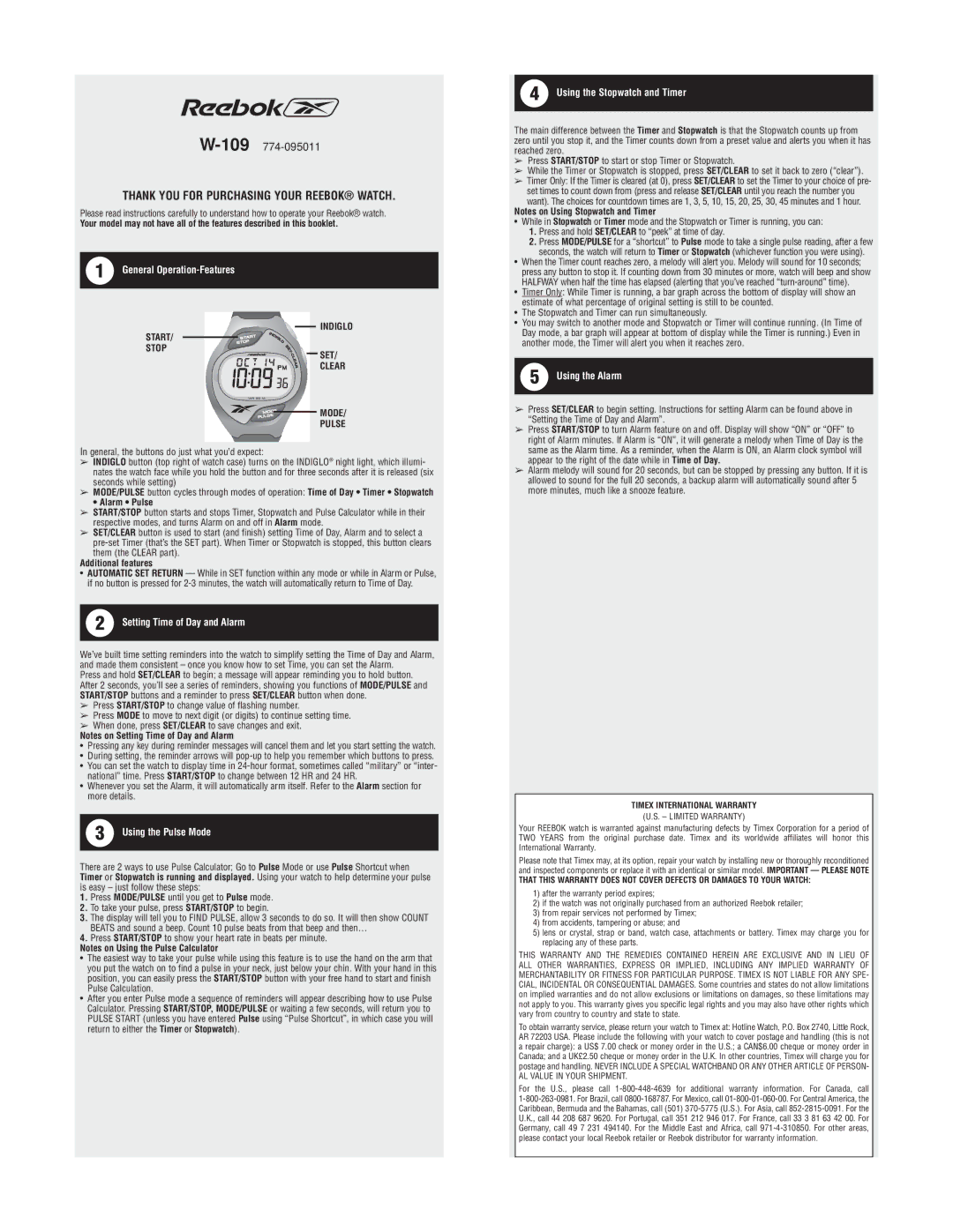 Reebok W-109 manual General Operation-Features, Setting Time of Day and Alarm, Using the Pulse Mode, Using the Alarm 