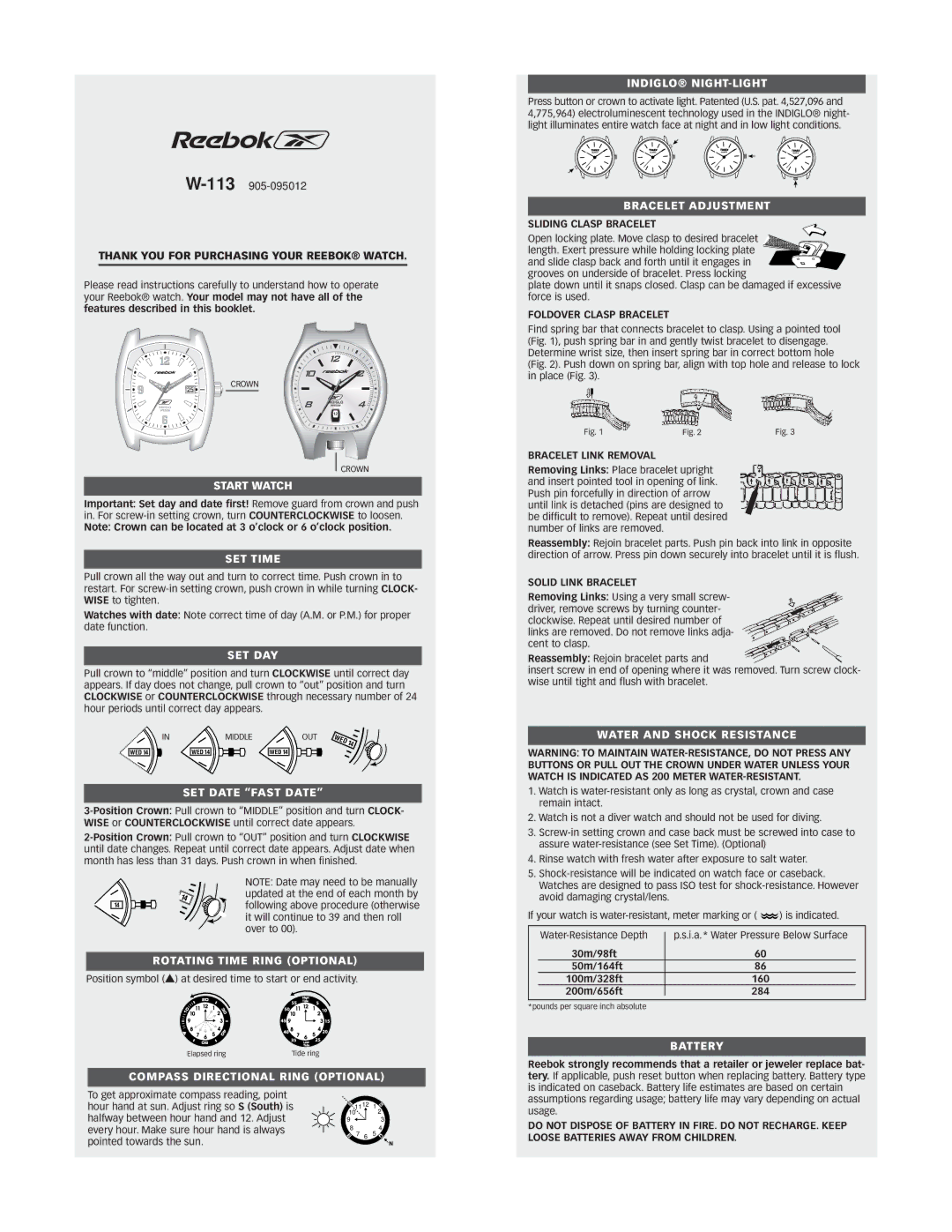Reebok W-113 manual Start Watch, SET Time, Set Day, SET Date Fast Date, Rotating Time Ring Optional, Indiglo NIGHT-LIGHT 