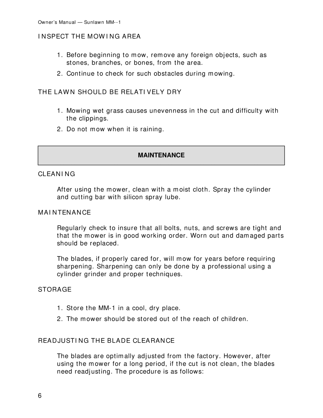 Reel Mowers, Etc MM-1 owner manual Inspect the Mowing Area, Lawn should be Relatively DRY, Cleaning, Maintenance, Storage 