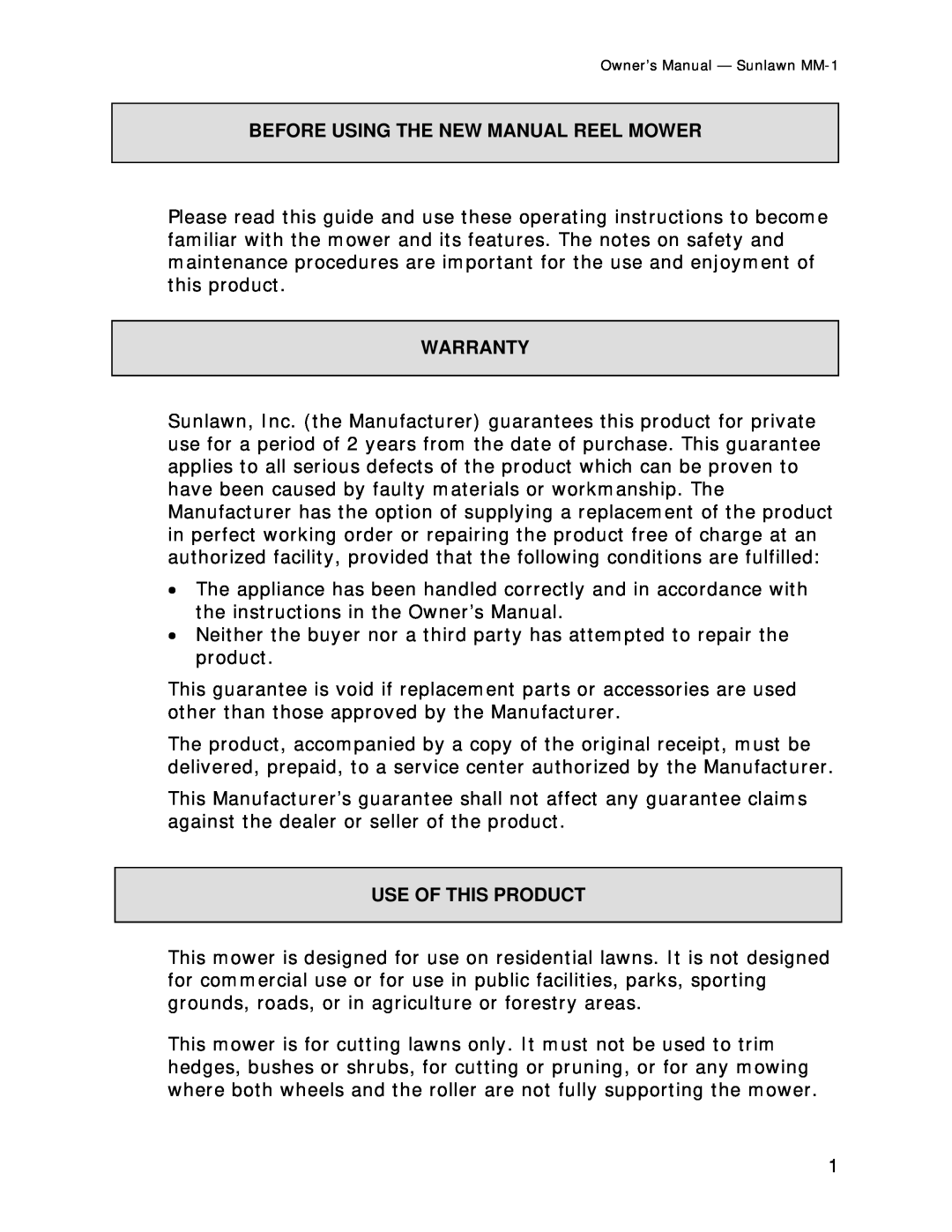 Reel Mowers, Etc MM-1 owner manual Before Using The New Manual Reel Mower, Warranty, Use Of This Product 