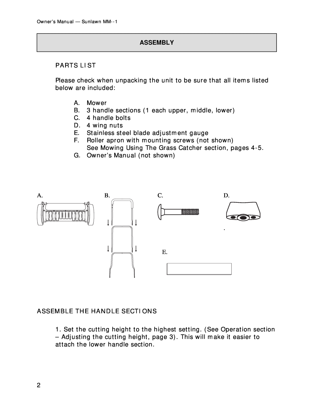Reel Mowers, Etc MM-1 owner manual Parts List, Assemble The Handle Sections, Assembly 