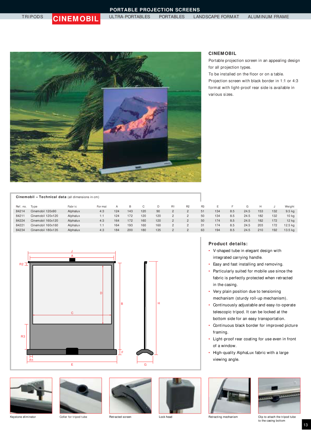 Reflecta Projection Screens manual Cinemobil Technical data all dimensions in cm 