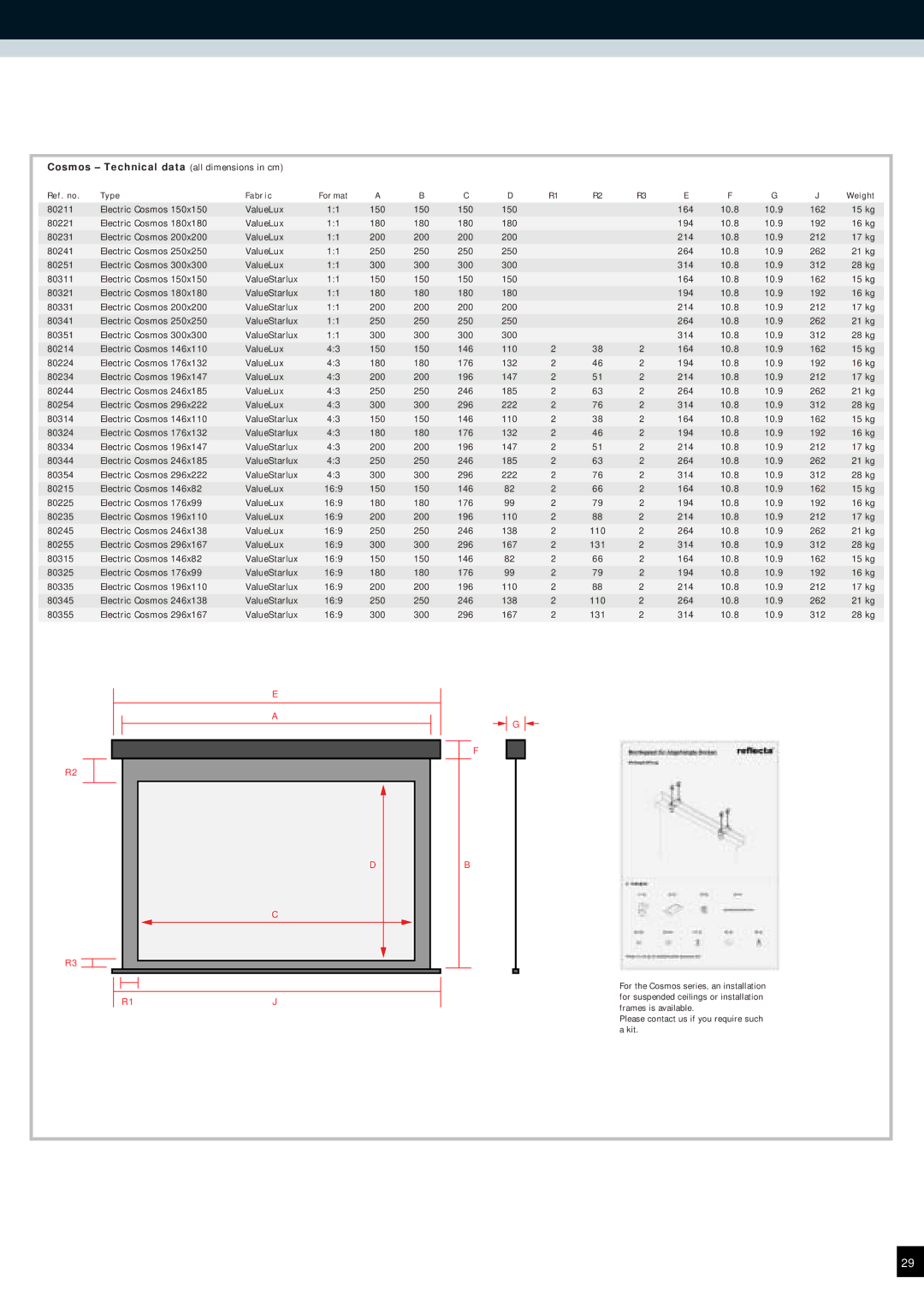 Reflecta Projection Screens manual Cosmos Technical data all dimensions in cm 