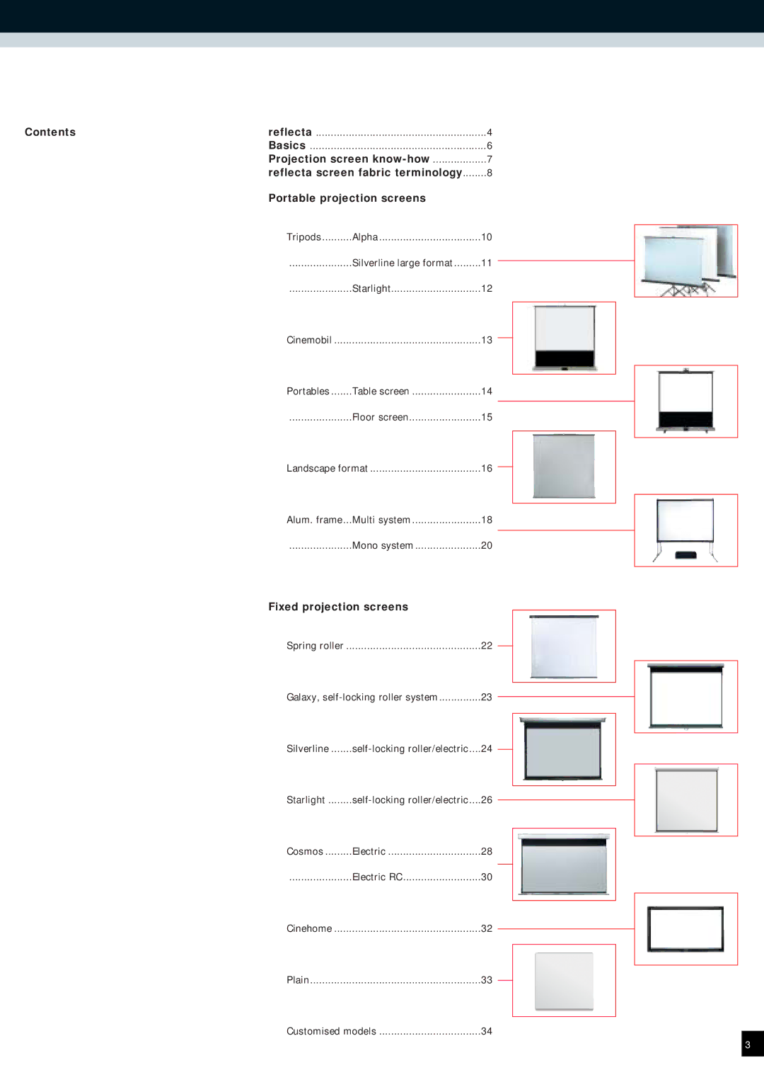 Reflecta Projection Screens manual Contents, Fixed projection screens 