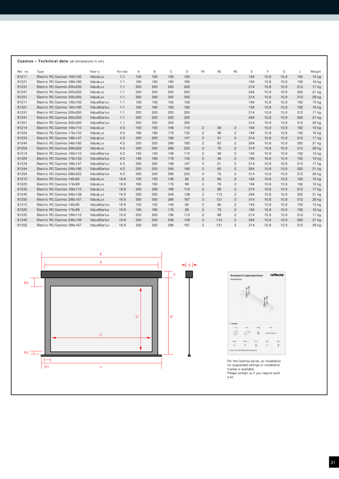 Reflecta Projection Screens manual Electric RC Cosmos ValueLux 