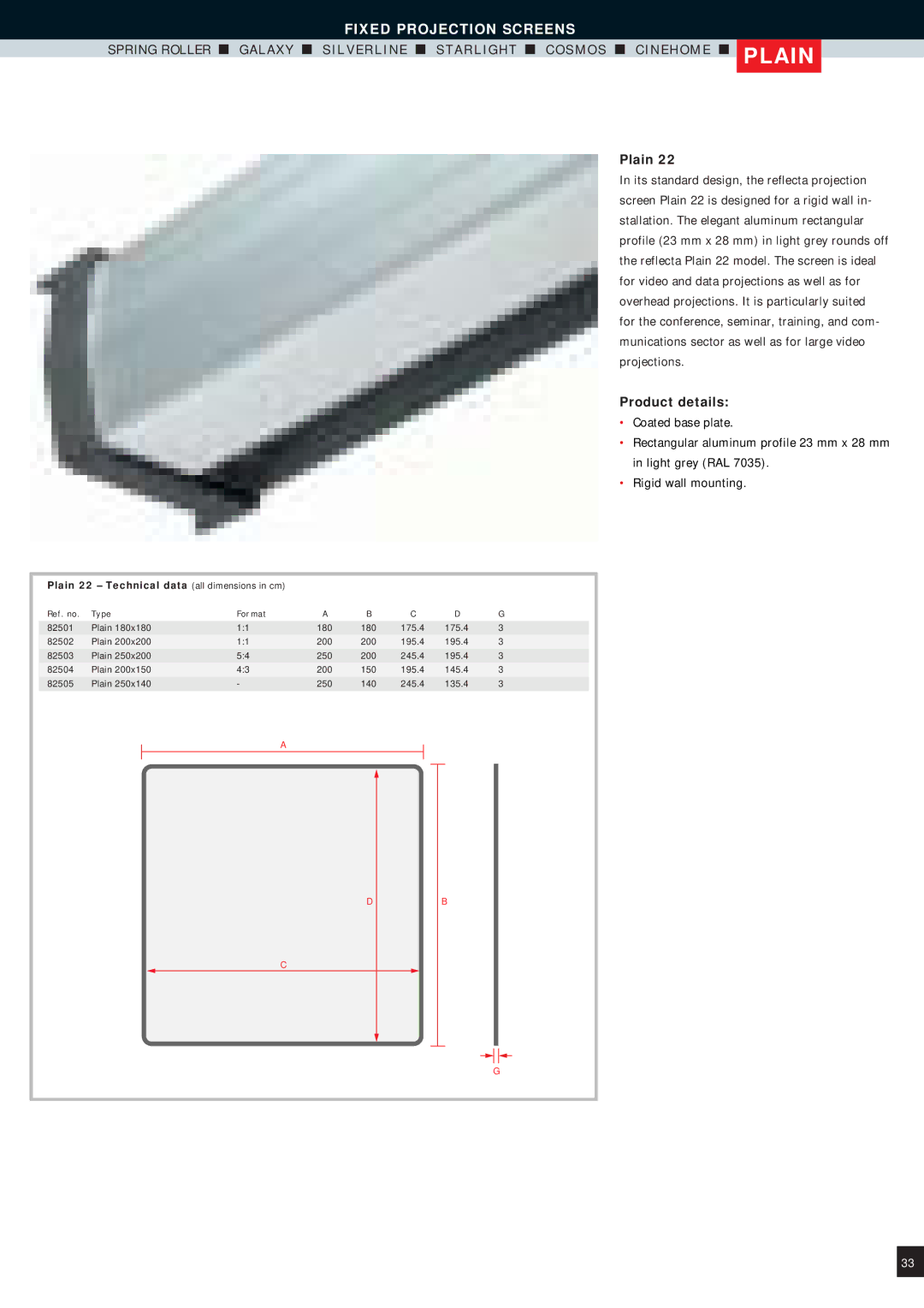 Reflecta Projection Screens manual Plain 22 Technical data all dimensions in cm 