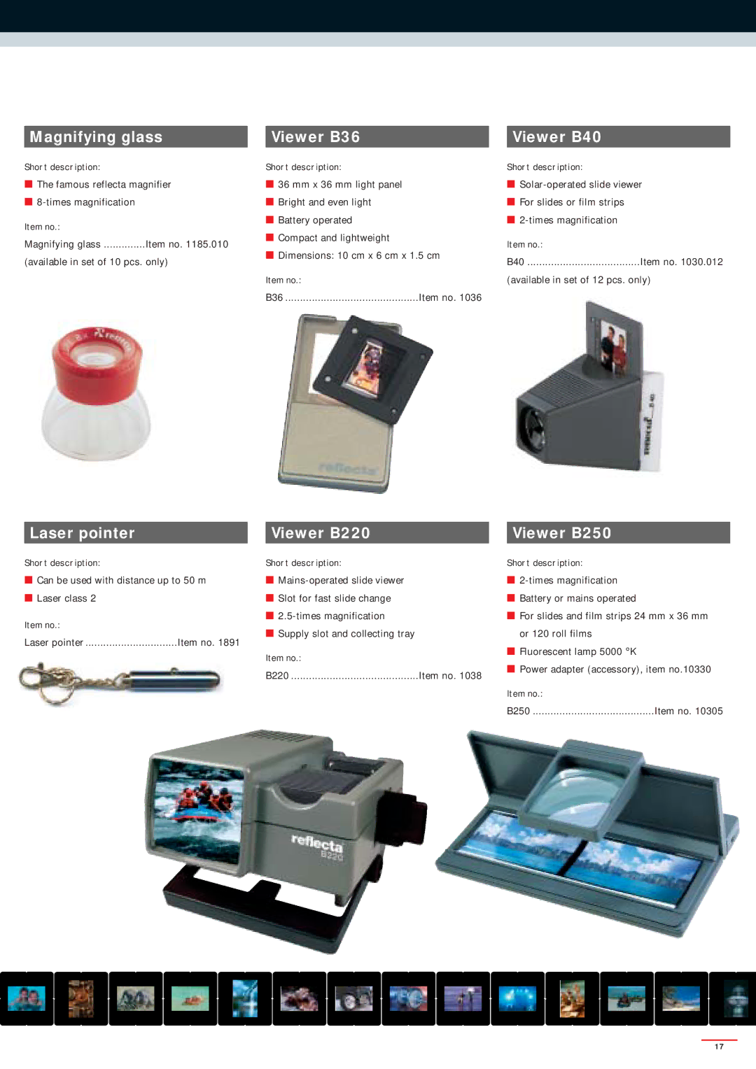 Reflecta SERIES 2000, SERIES 3000 manual Magnifying glass, Laser pointer Viewer B36 Viewer B40, Viewer B220 Viewer B250 