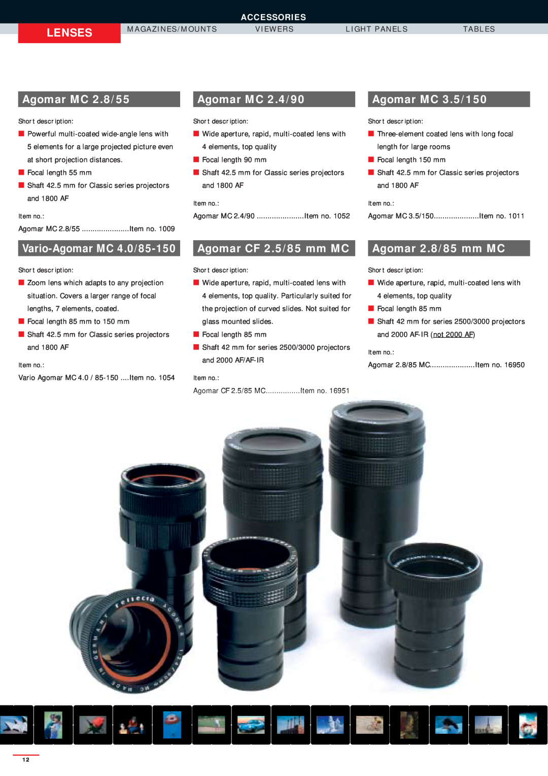 Reflecta SERIES 3000 manual Lenses, Agomar MC 2.8/55, Agomar MC 2.4/90, Agomar MC 3.5/150, Vario-Agomar MC 4.0/85-150 