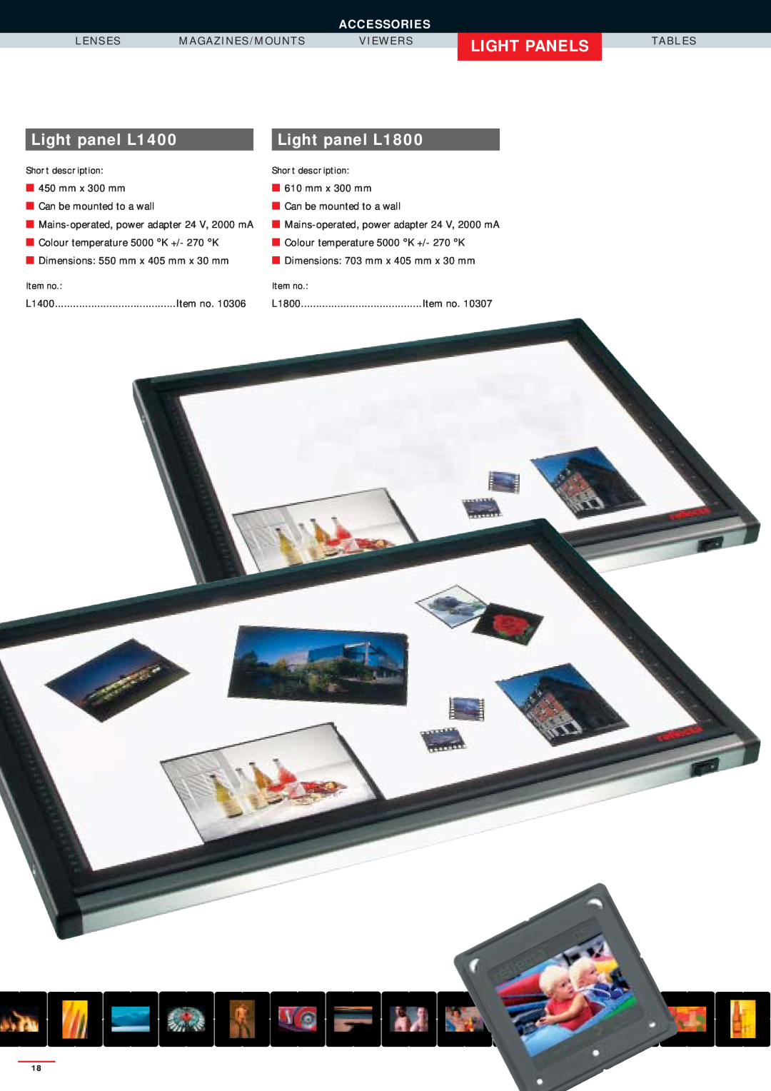Reflecta SERIES 3000 manual Light Panels, Light panel L1400, Light panel L1800, L E N S E S, T A B L E S, Accessories 