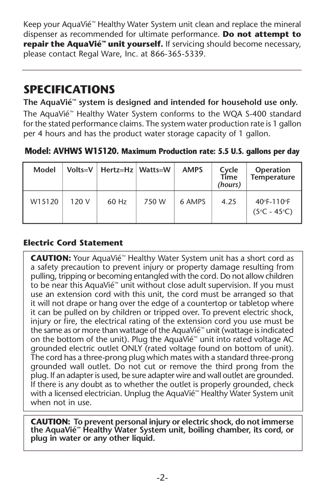 Regal Ware W15120 manual Specifications, Electric Cord Statement 