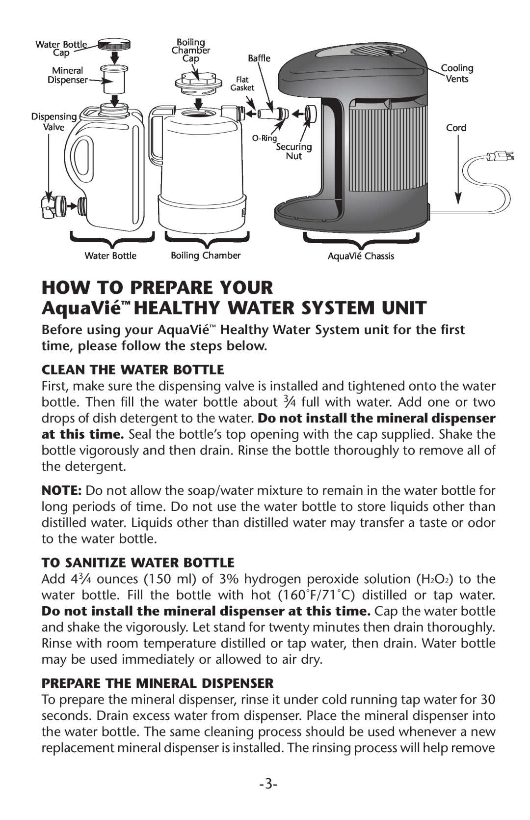 Regal Ware W15120 HOW TO PREPARE YOUR AquaVié HEALTHY WATER SYSTEM UNIT, Clean The Water Bottle, To Sanitize Water Bottle 