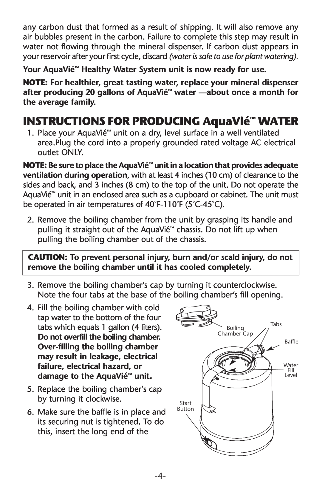 Regal Ware W15120 manual INSTRUCTIONS FOR PRODUCING AquaVié WATER 