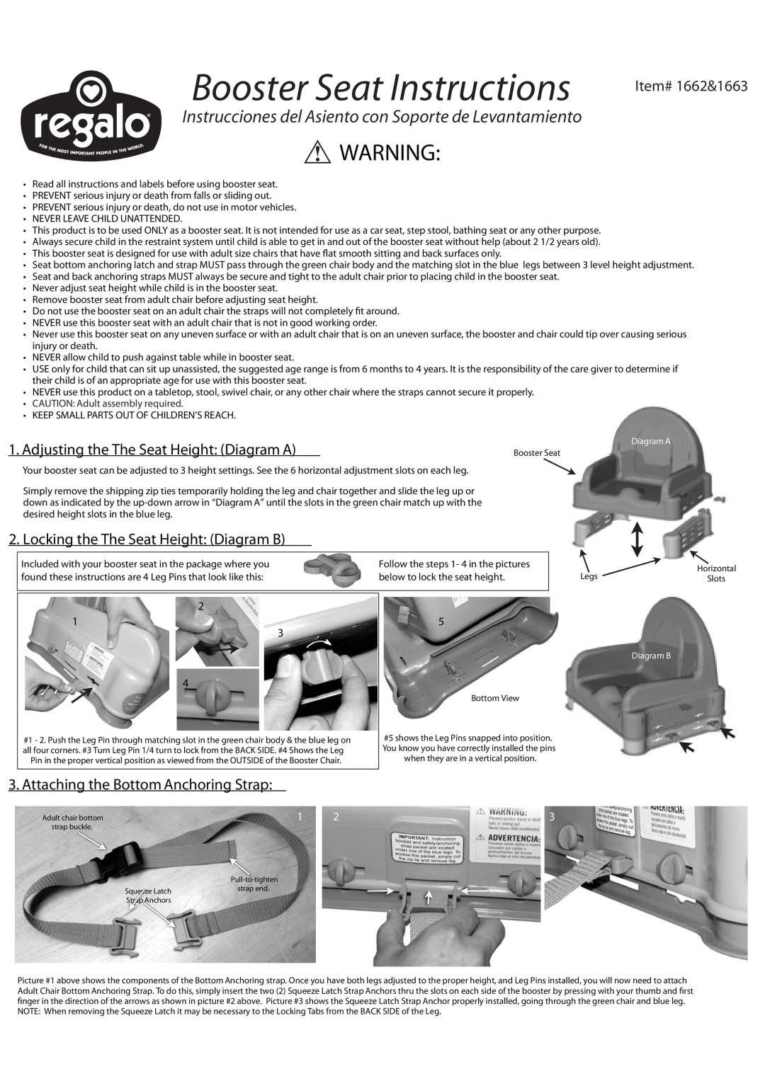 Regalo manual Adjusting the The Seat Height Diagram A, Locking the The Seat Height Diagram B, Item# 1662&1663 
