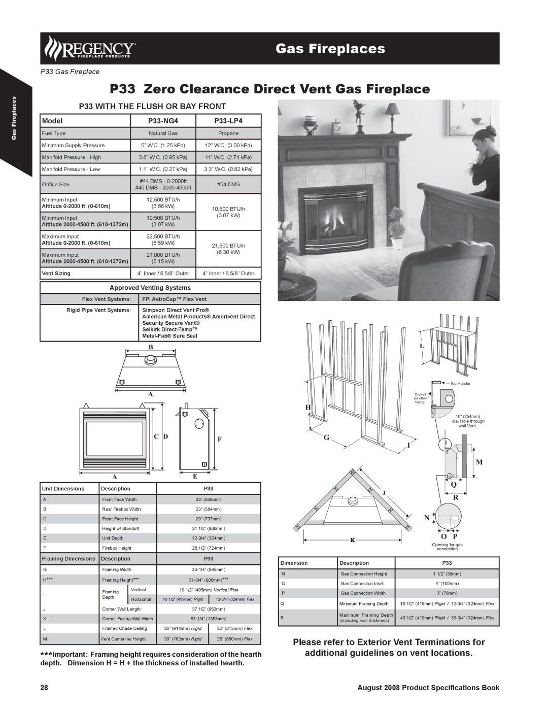 Regency 946-523/P specifications Model P33-NG4 P33-LP4, August 2008 Product Speciﬁcations Book, Approved Venting Systems 