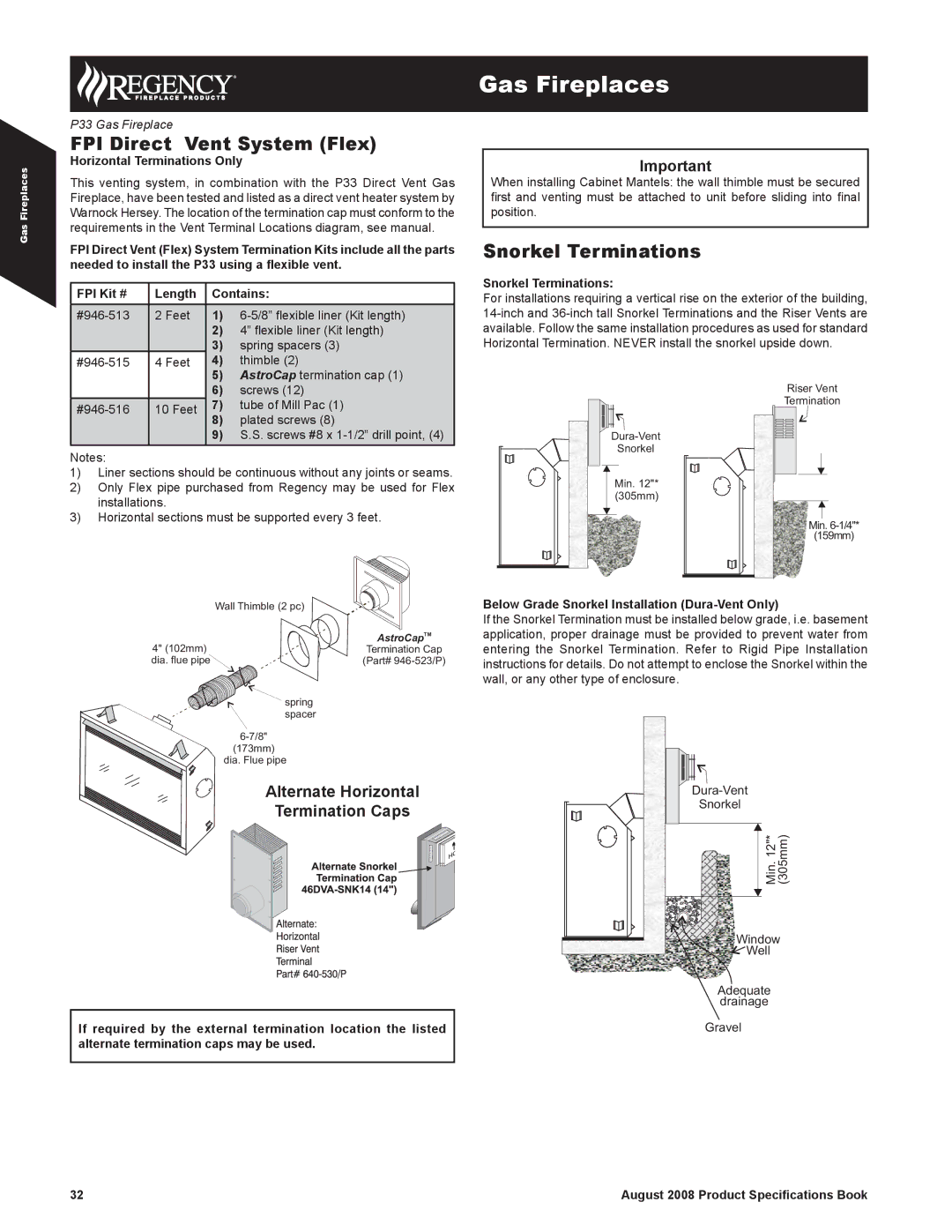 Regency 946-523/P, 510-994 specifications FPI Direct Vent System Flex, Snorkel Terminations, Horizontal Terminations Only 