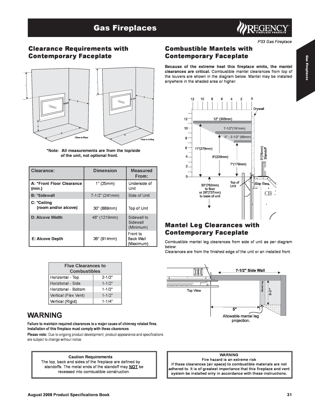 Regency 510-994 Clearance Requirements with, Combustible Mantels with, Contemporary Faceplate, Gas Fireplaces, Dimension 