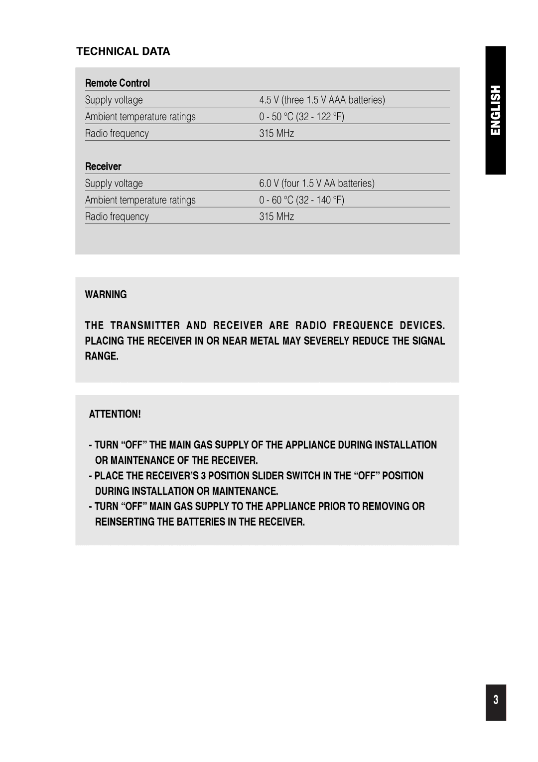 Regency 9.957.03605 installation instructions Technical Data, Remote Control 