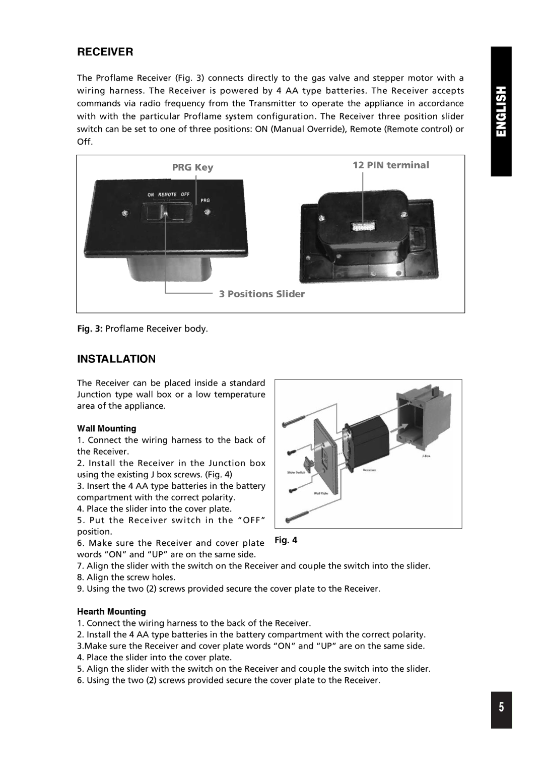 Regency 9.957.03605 installation instructions Receiver, Installation, Wall Mounting, Hearth Mounting 