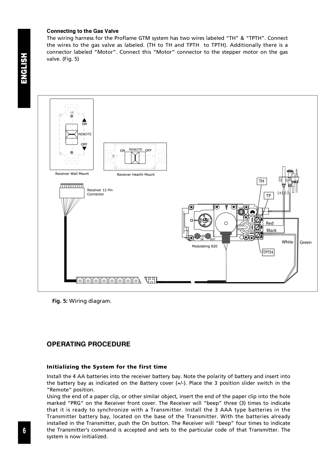 Regency 9.957.03605 Operating Procedure, Connecting to the Gas Valve, Initializing the System for the first time 