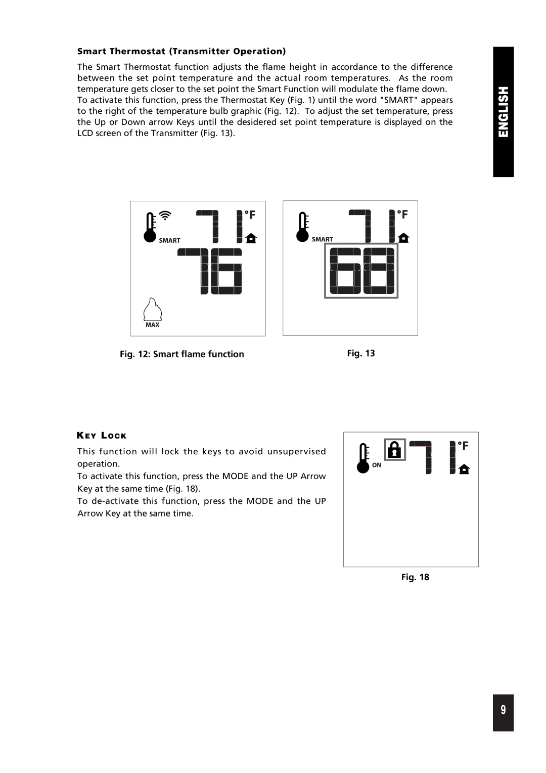 Regency 9.957.03605 installation instructions Smart Thermostat Transmitter Operation, Smart flame function 