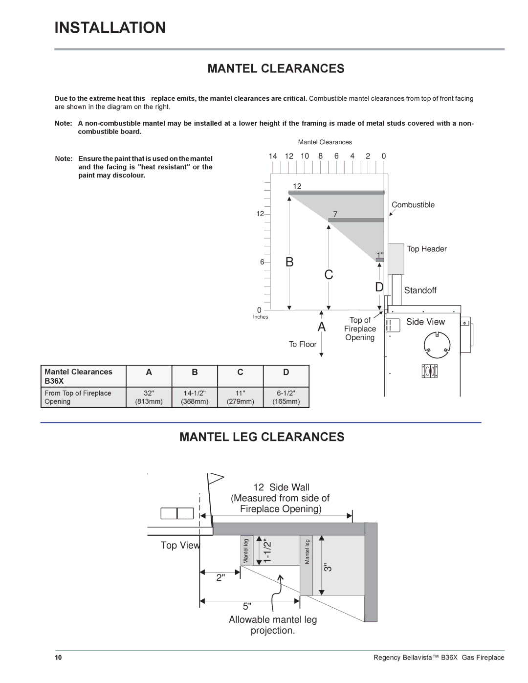 Regency B36X installation manual Mantel Clearances, Mantel LEG Clearances 