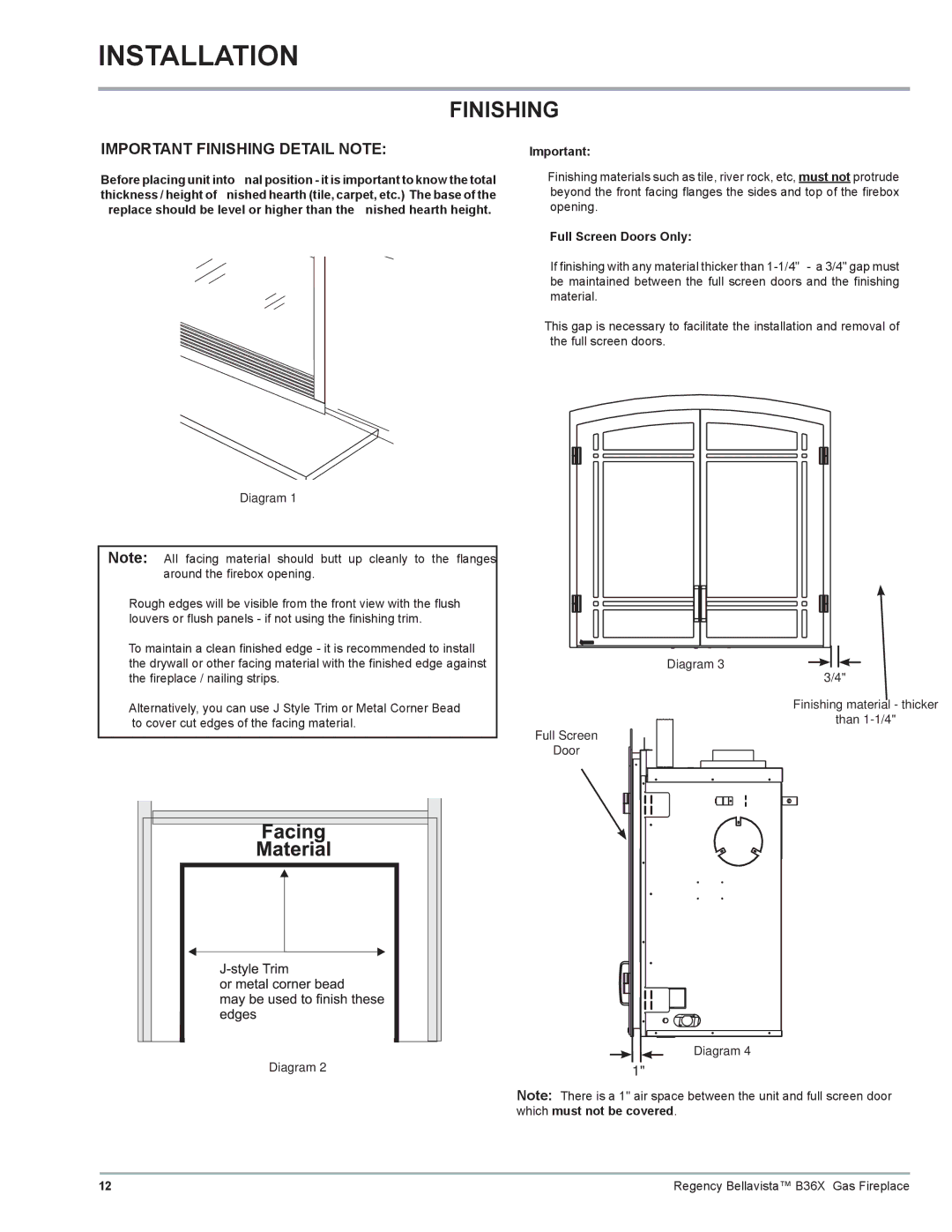 Regency B36X installation manual Important Finishing Detail Note, Full Screen Doors Only 