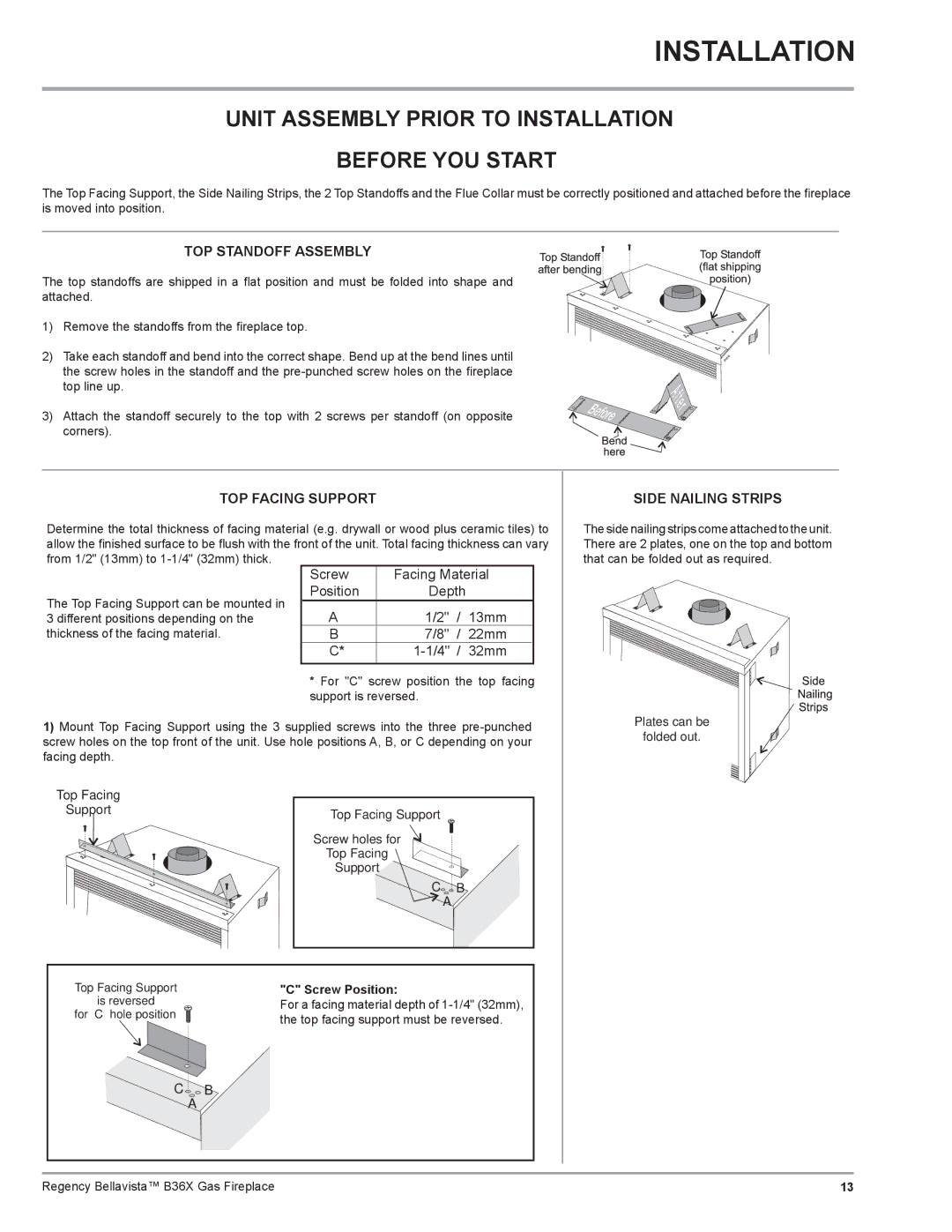 Regency B36X Unit Assembly Prior to Installation Before YOU Start, Screw Position, Plates can be Folded out 