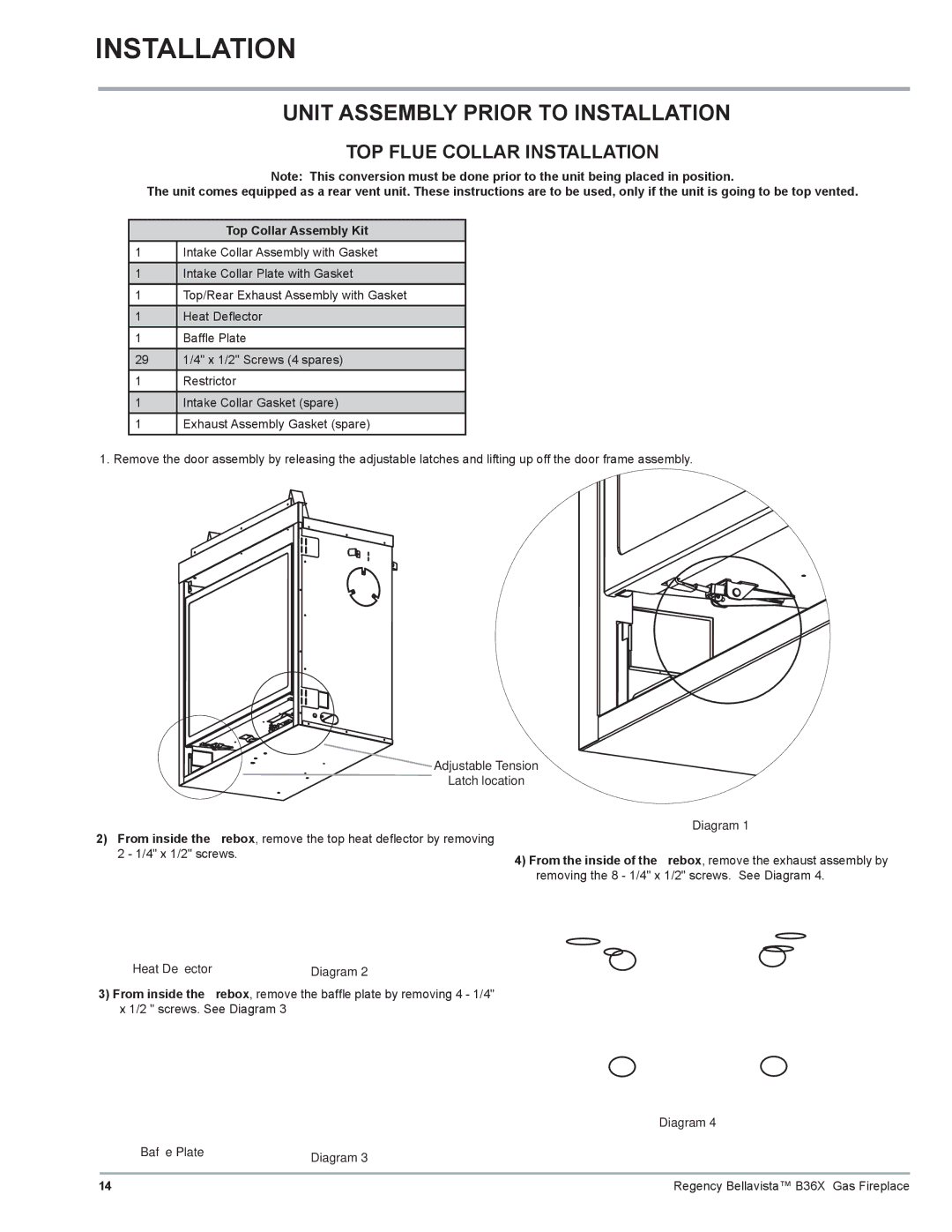 Regency B36X installation manual Unit Assembly Prior to Installation, Adjustable Tension Latch location, Bafﬂe Plate 