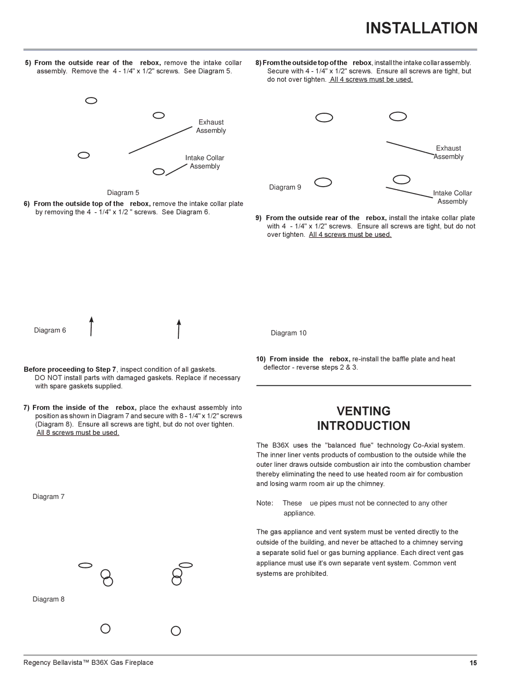 Regency B36X Venting Introduction, Exhaust Assembly Intake Collar Diagram, Diagram Exhaust Assembly Intake Collar 