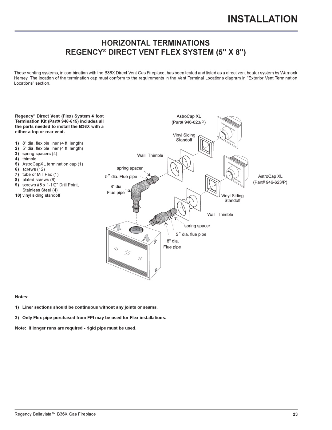 Regency B36X installation manual Horizontal Terminations Regency Direct Vent Flex System 5 X 