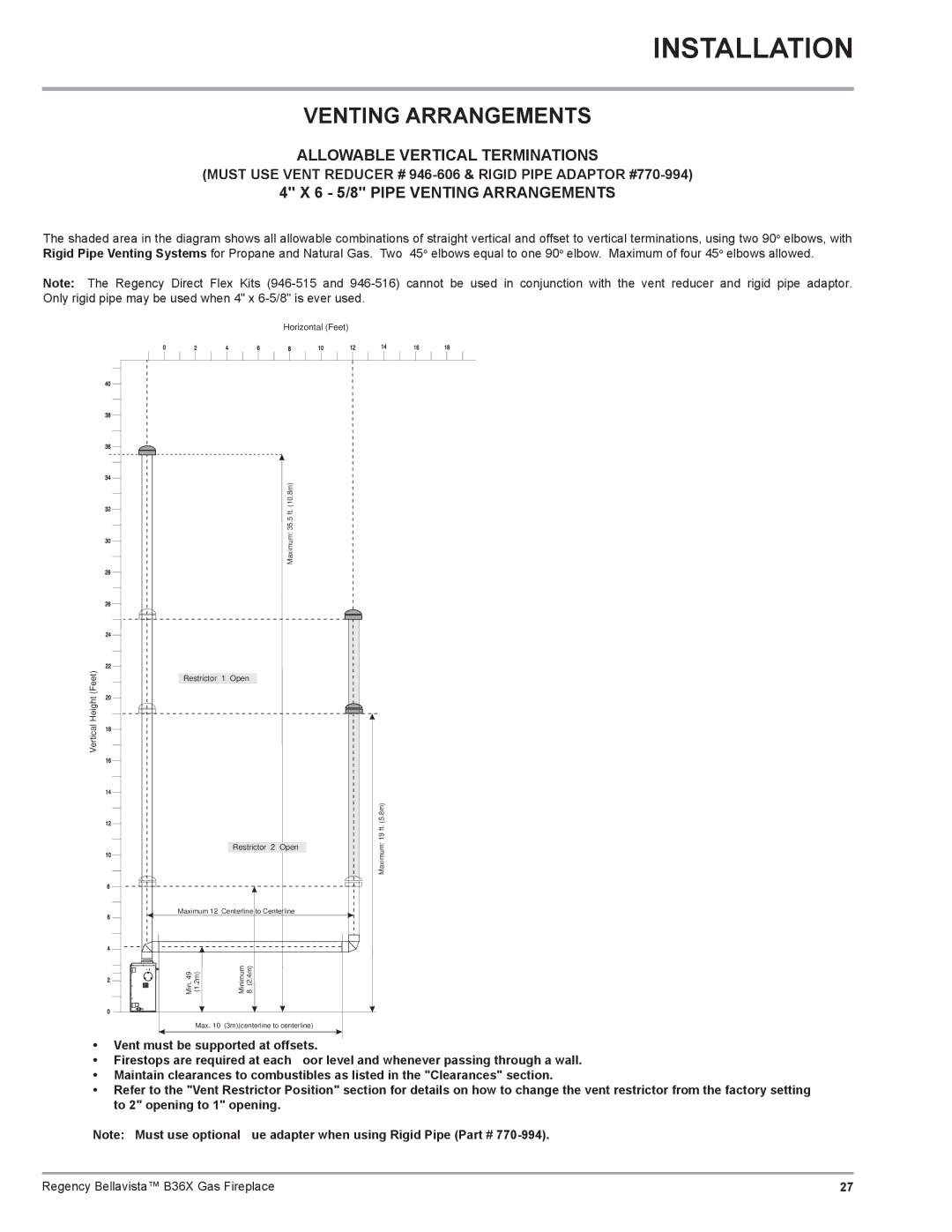 Regency B36X installation manual Allowable Vertical Terminations, 6 5/8 Pipe Venting Arrangements 