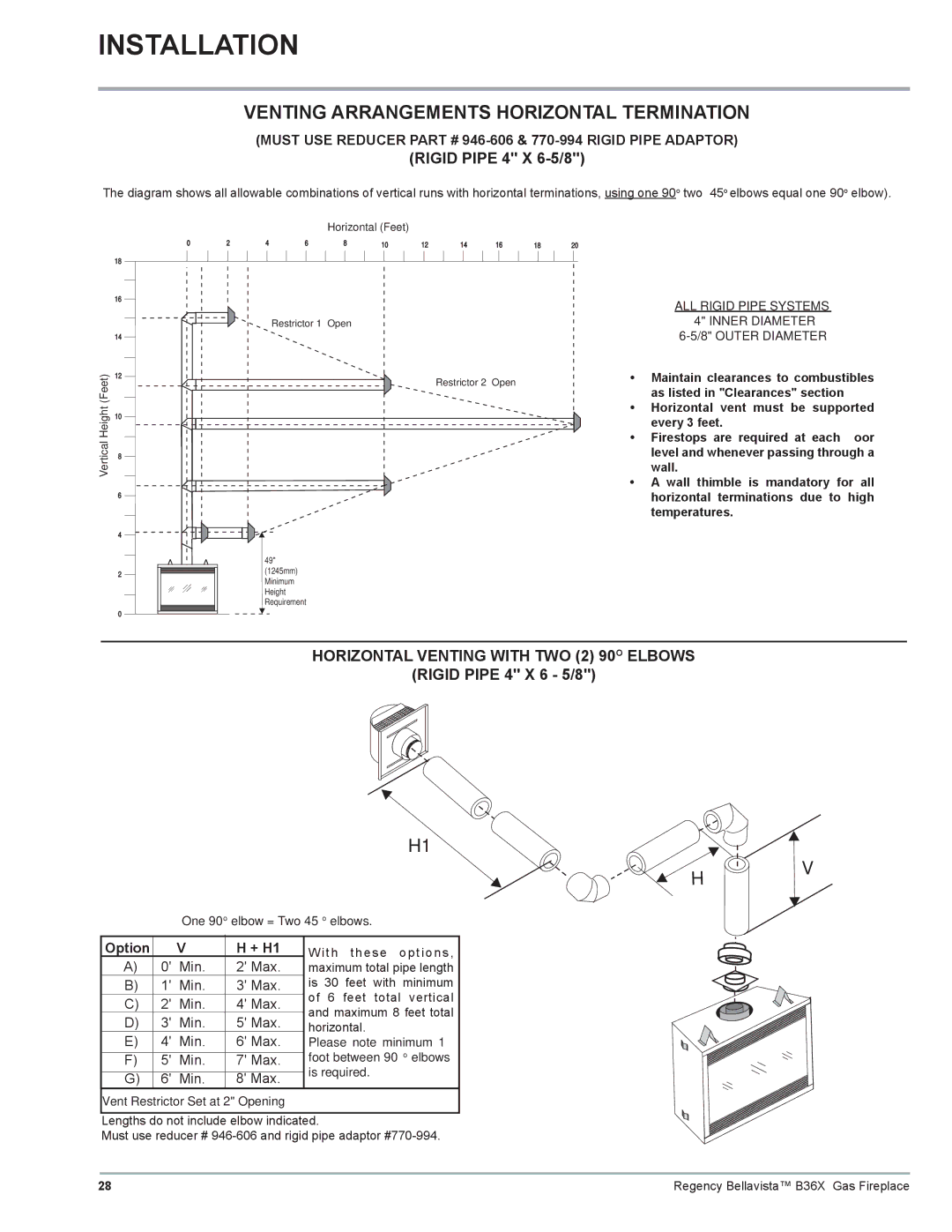 Regency B36X installation manual Venting Arrangements Horizontal Termination, Horizontal Venting with TWO 2 90O Elbows 