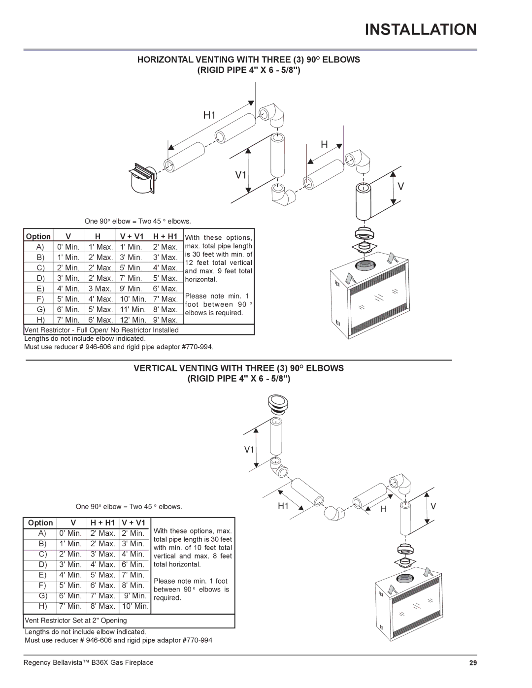 Regency B36X installation manual Horizontal Venting with Three 3 90O Elbows, Vertical Venting with Three 3 90O Elbows 