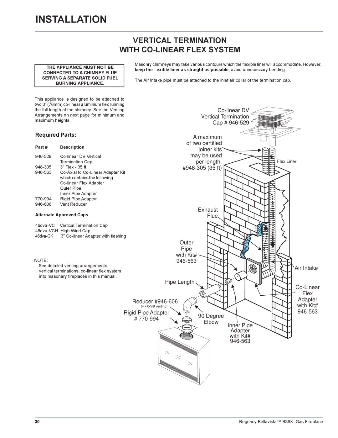 Regency B36X installation manual Vertical Termination With CO-LINEAR Flex System, Alternate Approved Caps 