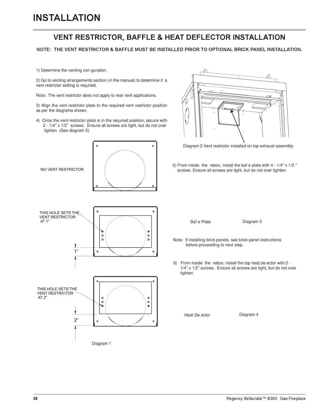 Regency B36X installation manual Vent RESTRICTOR, Baffle & Heat Deflector Installation, Bafﬂ e Plate, Heat Deﬂ ector 