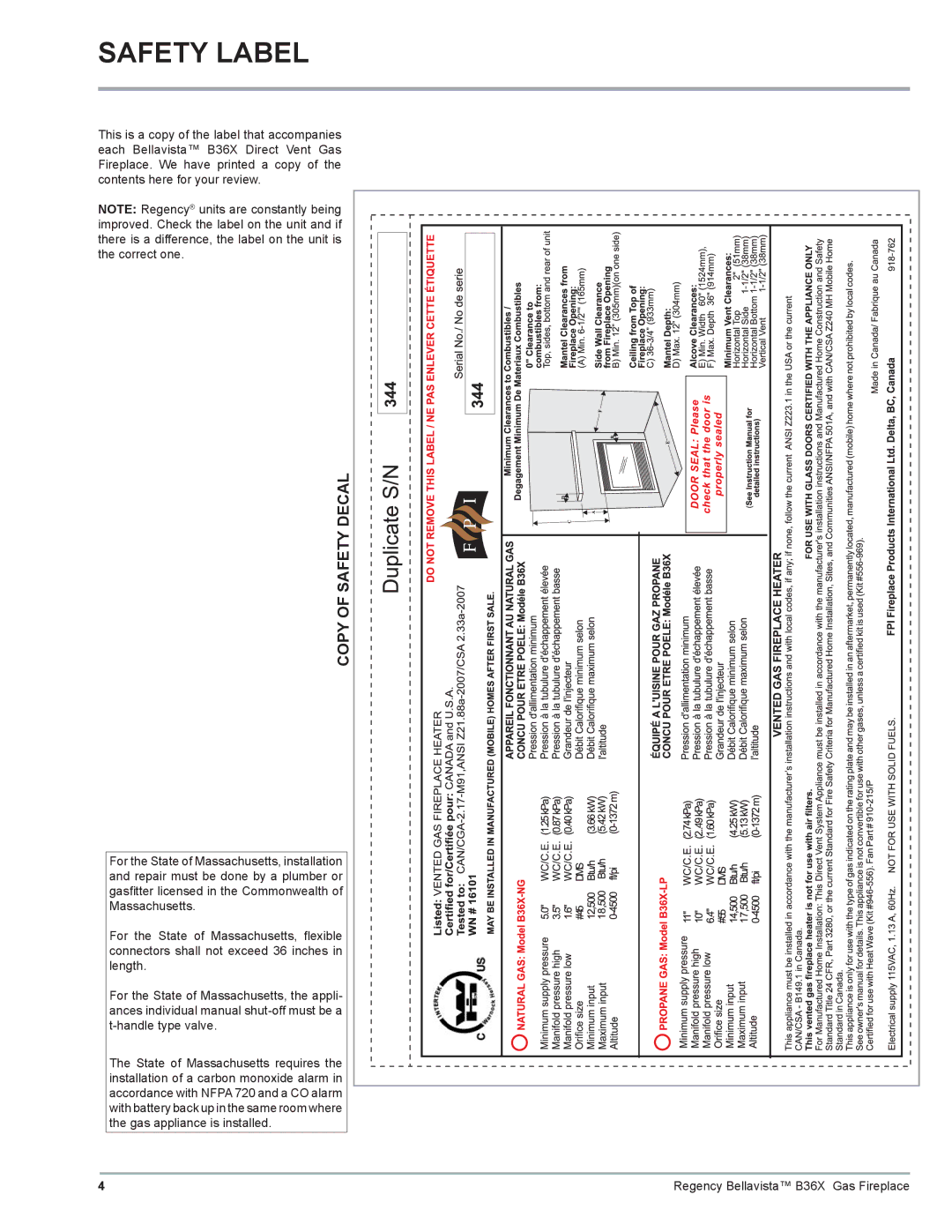 Regency B36X installation manual Safety Label, Copy of Safety Decal 