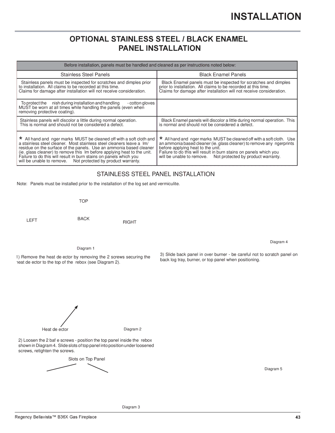 Regency B36X installation manual Optional Stainless Steel / Black Enamel, Panel Installation, Slots on Top Panel 