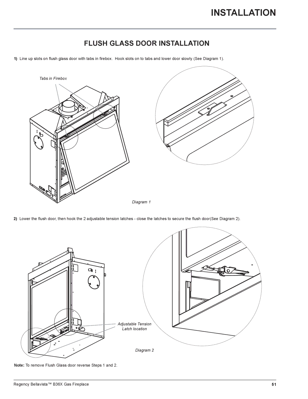 Regency B36X Flush Glass Door Installation, Tabs in Firebox Diagram, Adjustable Tension Latch location Diagram 