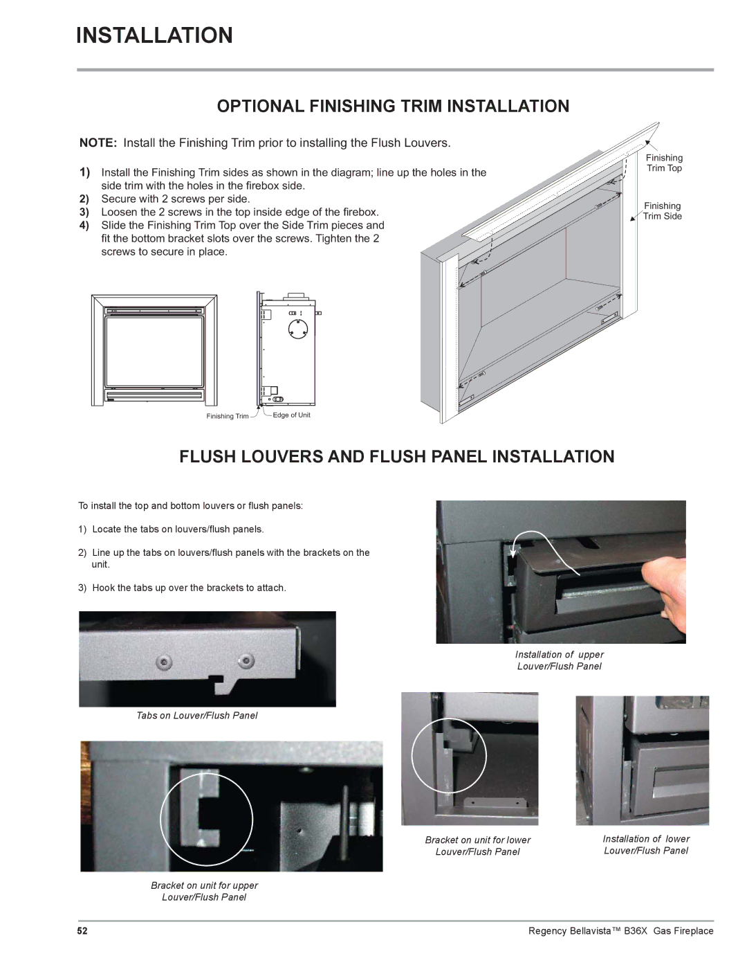 Regency B36X installation manual Optional Finishing Trim Installation, Flush Louvers and Flush Panel Installation, Lower 