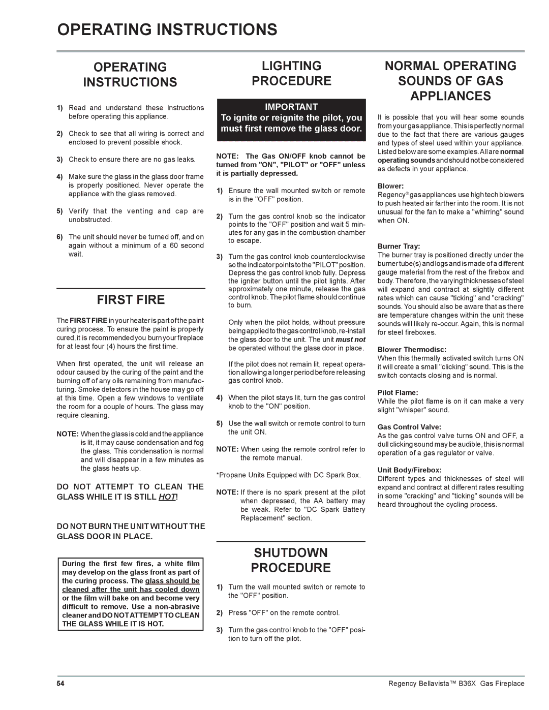 Regency B36X installation manual Operating Instructions 