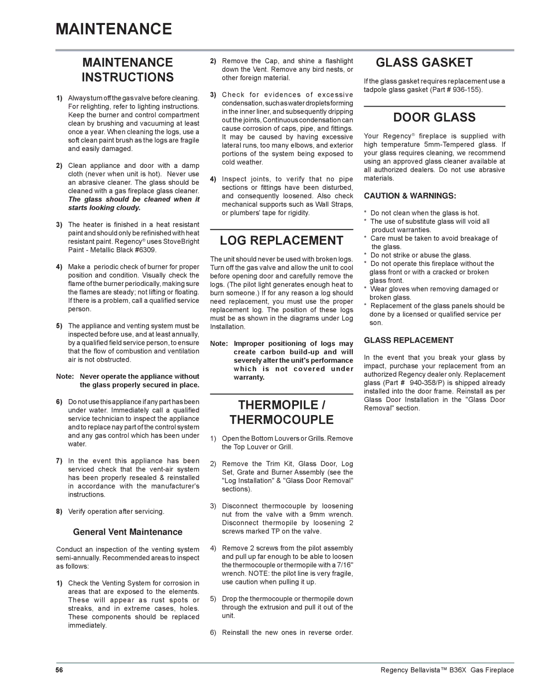 Regency B36X installation manual Maintenance 