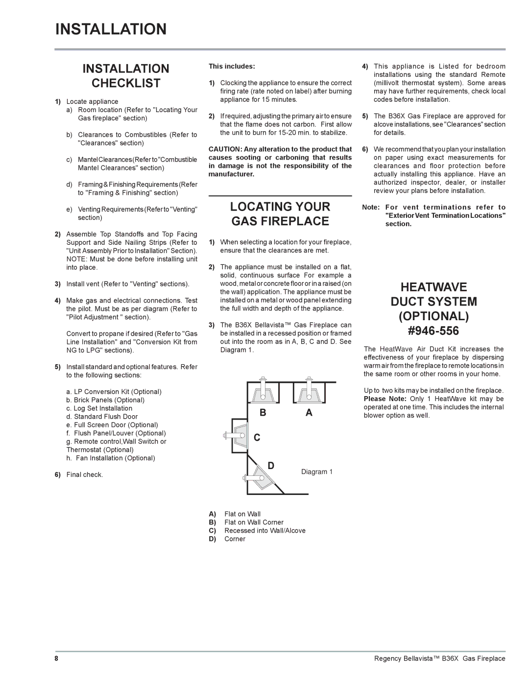 Regency B36X Installation Checklist, Locating Your GAS Fireplace, Heatwave Duct System Optional, This includes, Diagram 