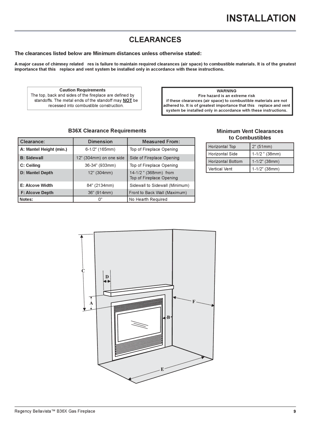 Regency B36X installation manual Clearances 