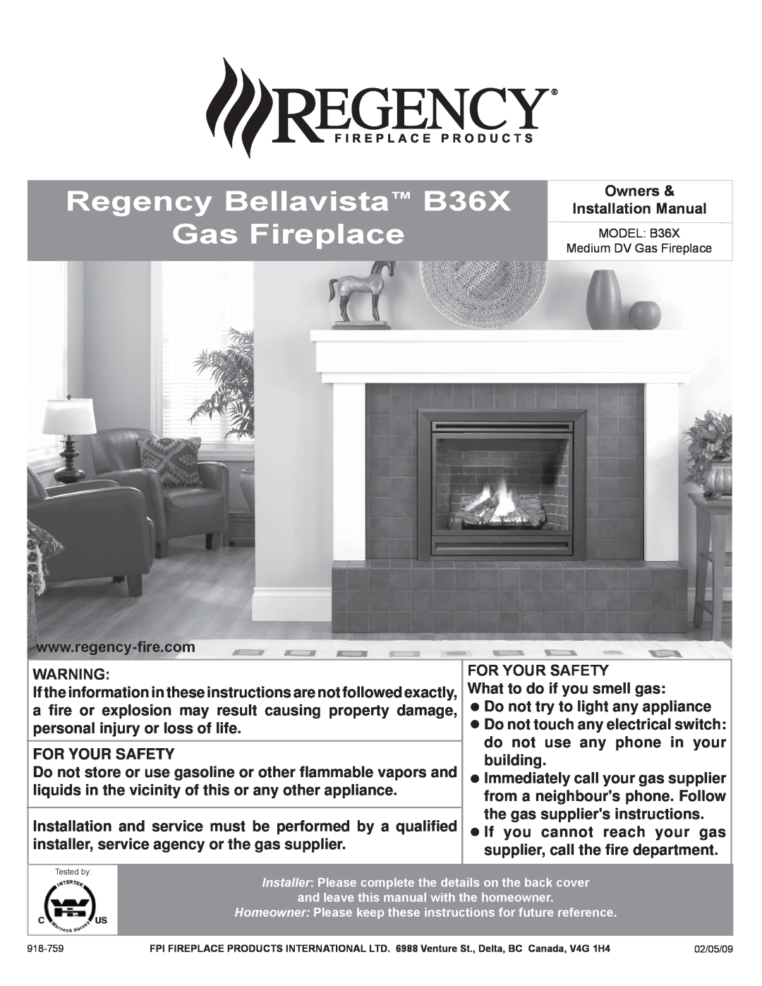 Regency installation manual Regency Bellavista B36X Gas Fireplace, Owners & Installation Manual, 918-759 