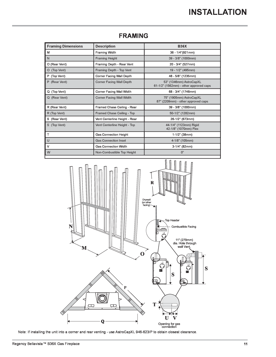 Regency B36X installation manual Installation, Framing Dimensions, Description 